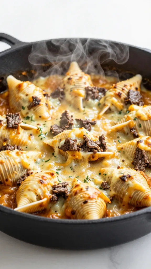 single skillet of cheesy beef shells, steam rising