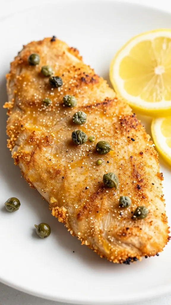 closeup of lemon piccata chicken cutlet with capers on white plate
