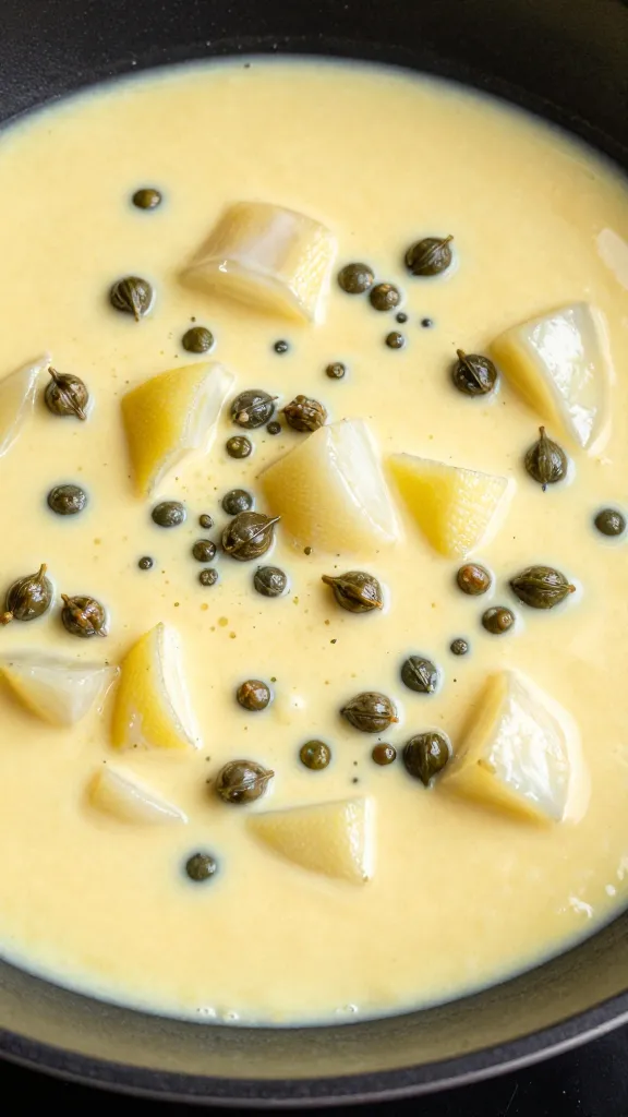 skillet of silky lemon-butter piccata sauce with capers, closeup