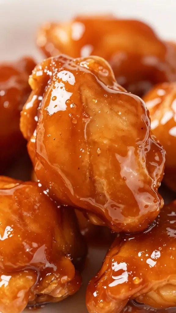 glossy sweet and sour sauce coating single chicken piece, macro shot