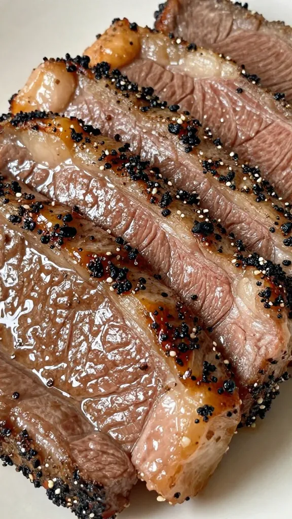 closeup of glossy pepper steak slices with black pepper crust