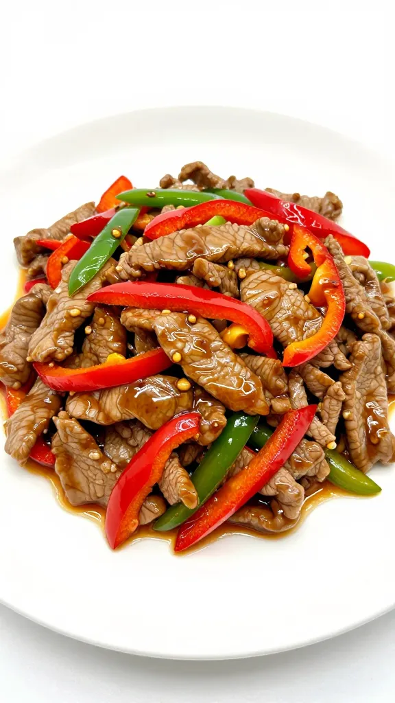single wok-tossed pepper steak on white plate, soy glaze
