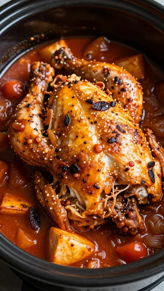 closeup of fall-apart chicken cacciatore in crock pot
