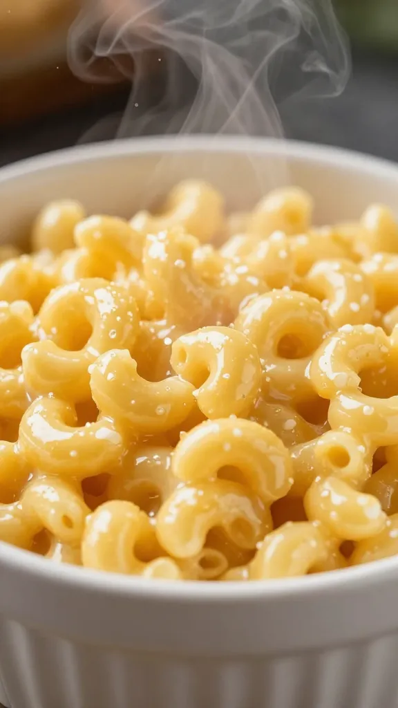 closeup bowl of glossy stovetop mac and cheese, steam rising
