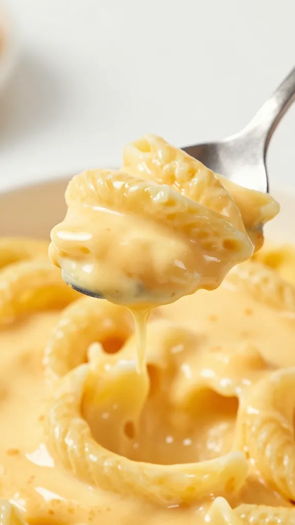 single spoonful of creamy cheddar mac, sauce clinging to pasta