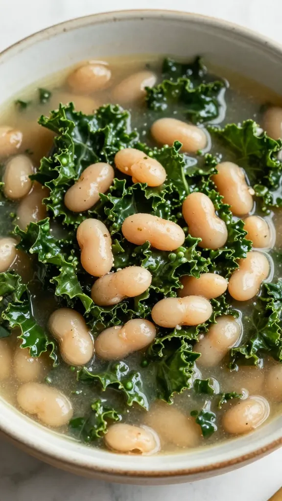 closeup bowl of kale sausage white bean soup, rustic ceramic