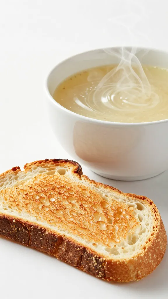 toasted sourdough slice beside steaming soup bowl, shallow depth