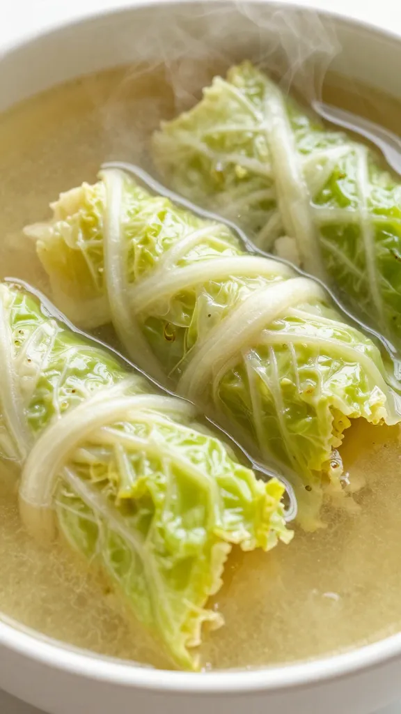 closeup bowl of crockpot cabbage roll soup, steam rising