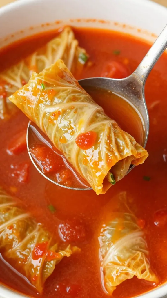 single ladle scooping tomato-rich cabbage roll soup, shallow depth