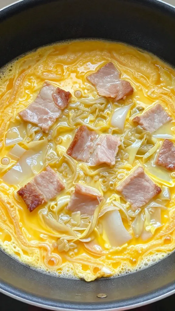 closeup skillet of egg roll in a bowl, pork and cabbage