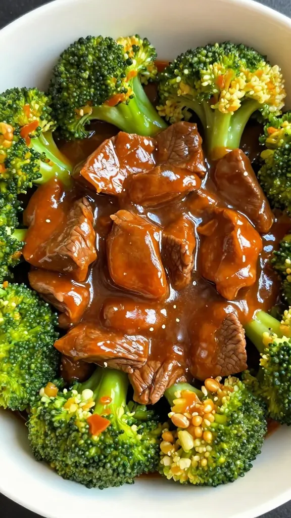 closeup bowl of slow cooker beef and broccoli, glossy sauce