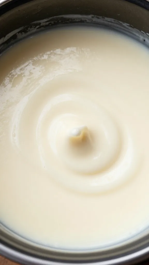 closeup crockpot of molten white queso, glossy surface swirl