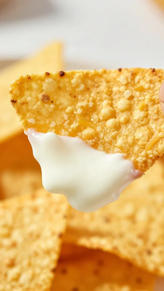 single tortilla chip dipped in creamy white queso, cheese pull