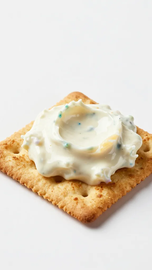 single toasted rye cracker scooping creamy Reuben dip, dripping cheese