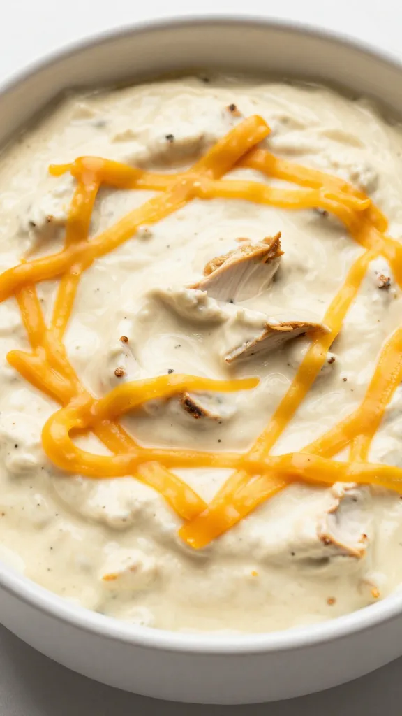 closeup bowl of buffalo chicken dip with melted cheddar