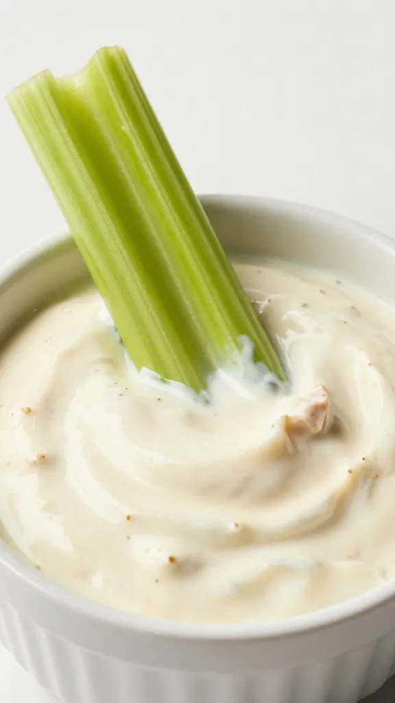single celery stick dipping into creamy buffalo chicken dip
