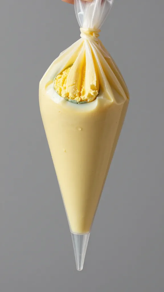 single piping bag filling deviled egg yolk mixture, macro shot