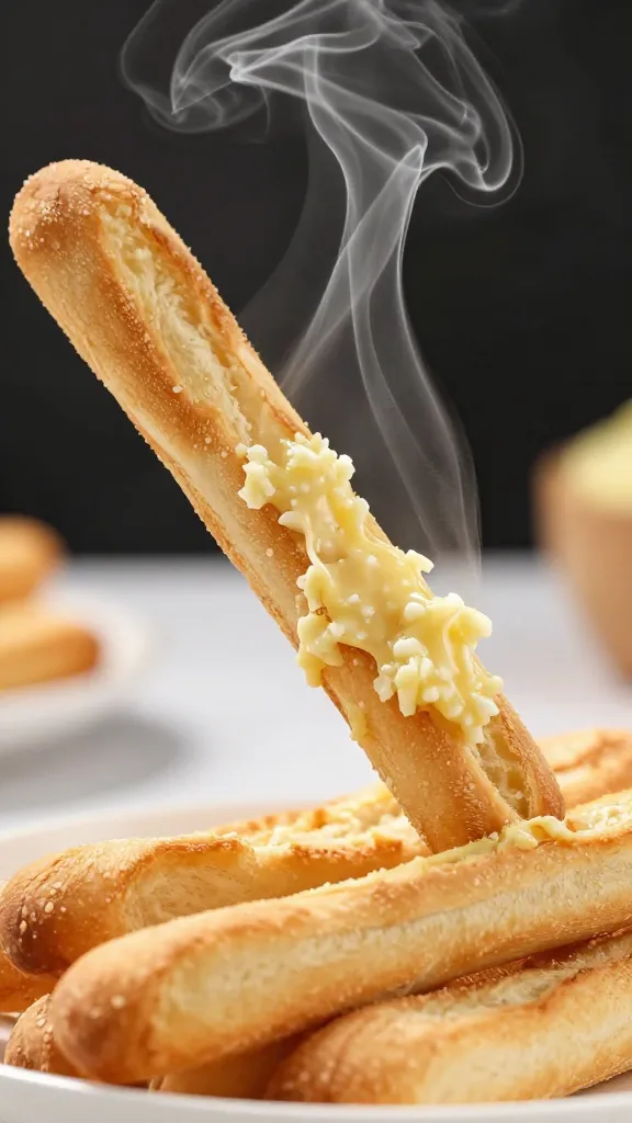 steaming breadstick dipped in garlic butter, shallow depth of field