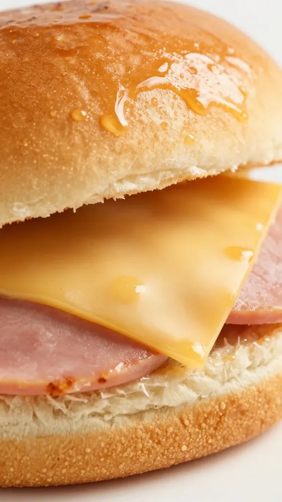 closeup single Hawaiian ham and Swiss slider with glossy glaze