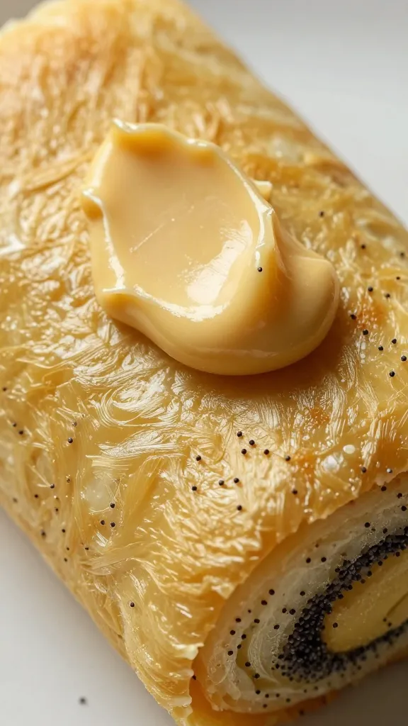 golden Hawaiian roll top brushed with poppyseed butter, macro shot