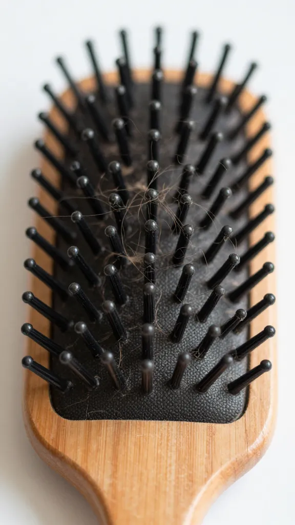 closeup of a hairbrush with trapped lint and hair