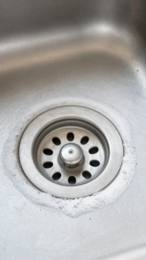 closeup of a stainless sink drain with baking soda sprinkle