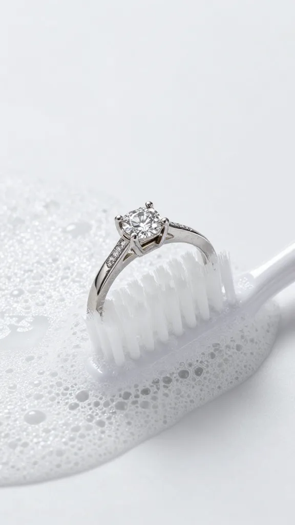 Closeup diamond ring in soapy water with soft toothbrush