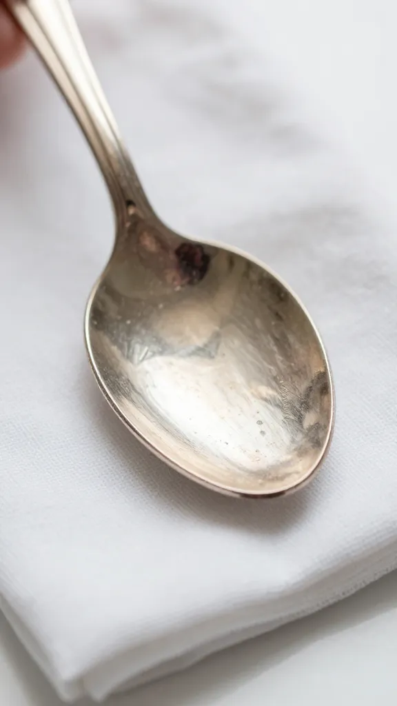 closeup of tarnished sterling spoon being polished with cloth