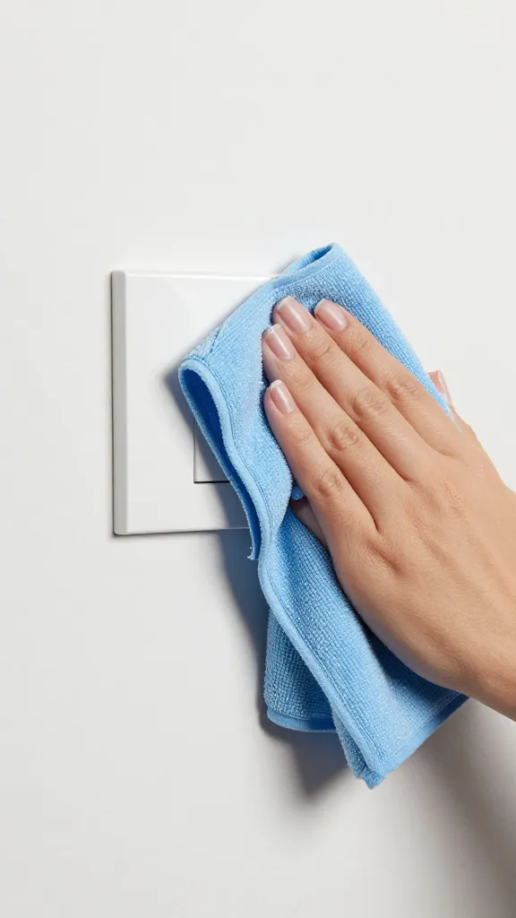 microfiber cloth wiping light switch smudge on eggshell wall, closeup