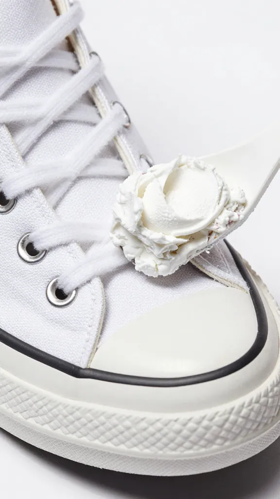 closeup of white canvas Converse toe cap being scrubbed with baking soda paste