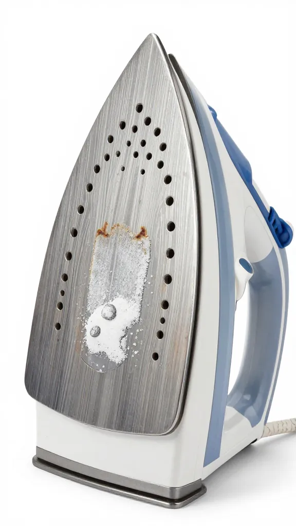 closeup of iron soleplate with burnt starch residue