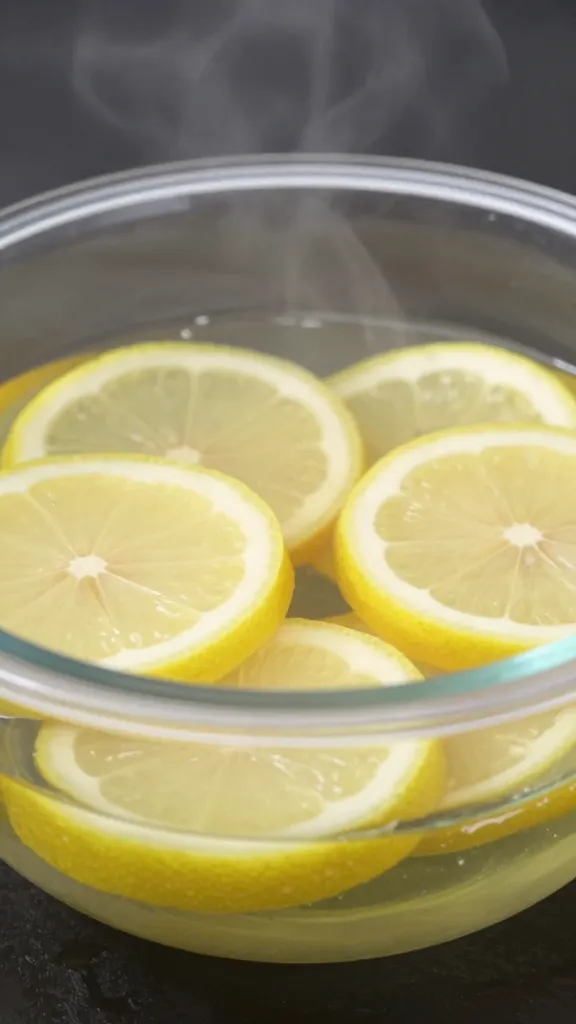 Closeup of steaming microwave-safe bowl with lemon slices inside