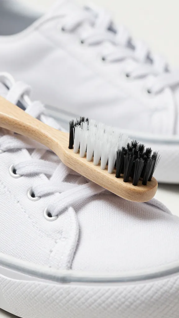 closeup white canvas sneaker being scrubbed with soft toothbrush