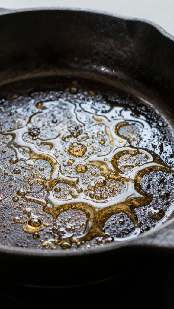 closeup of seasoned cast iron skillet with warm oil sheen