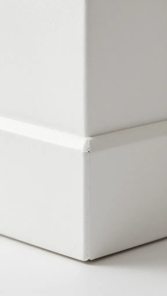 closeup of white baseboard corner with visible dust line