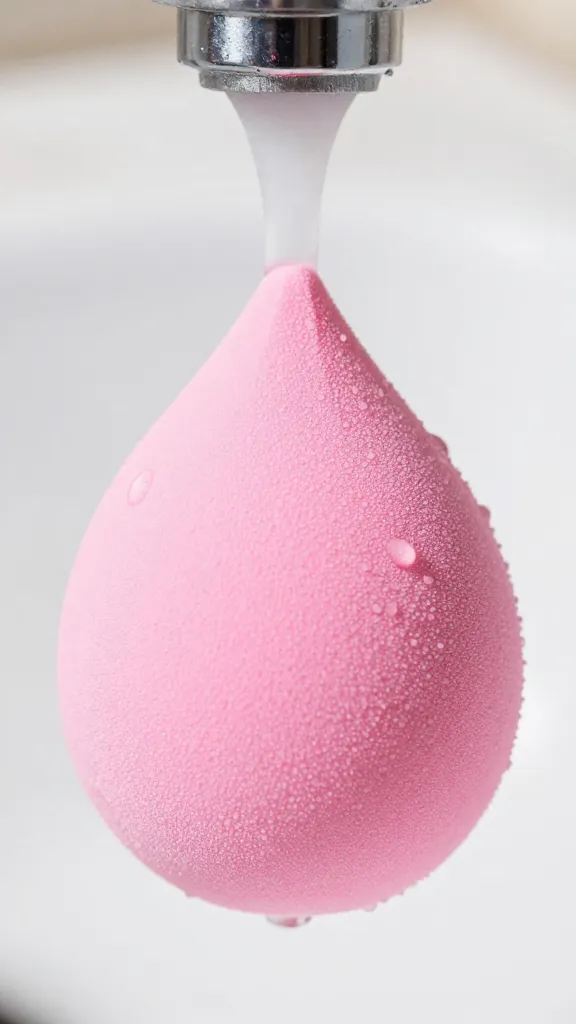 closeup of a wet pink beauty blender under running faucet