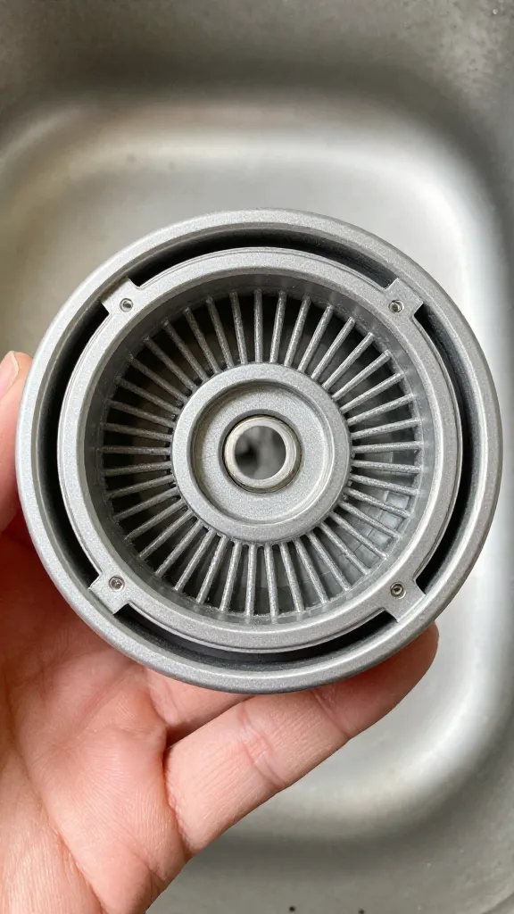 closeup of dishwasher filter removed, held over sink