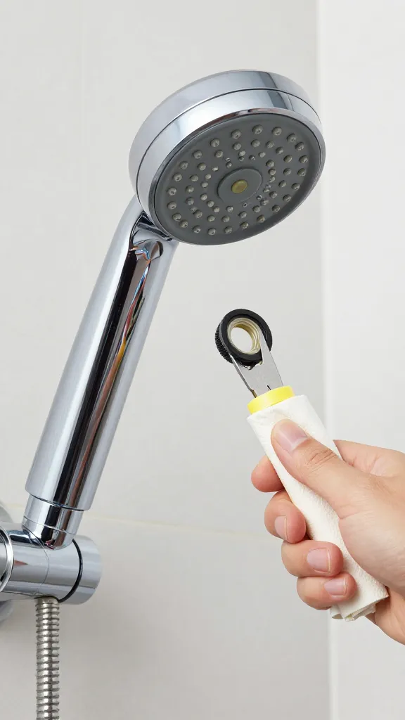 closeup of mineral-crusted chrome shower head with vinegar bag