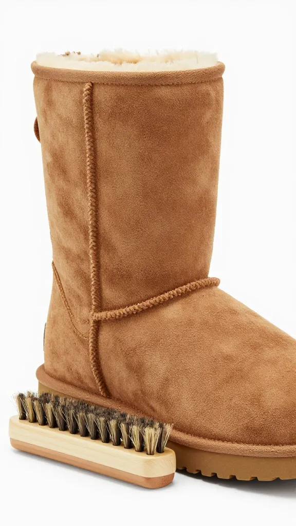 closeup of a single suede UGG boot with suede brush