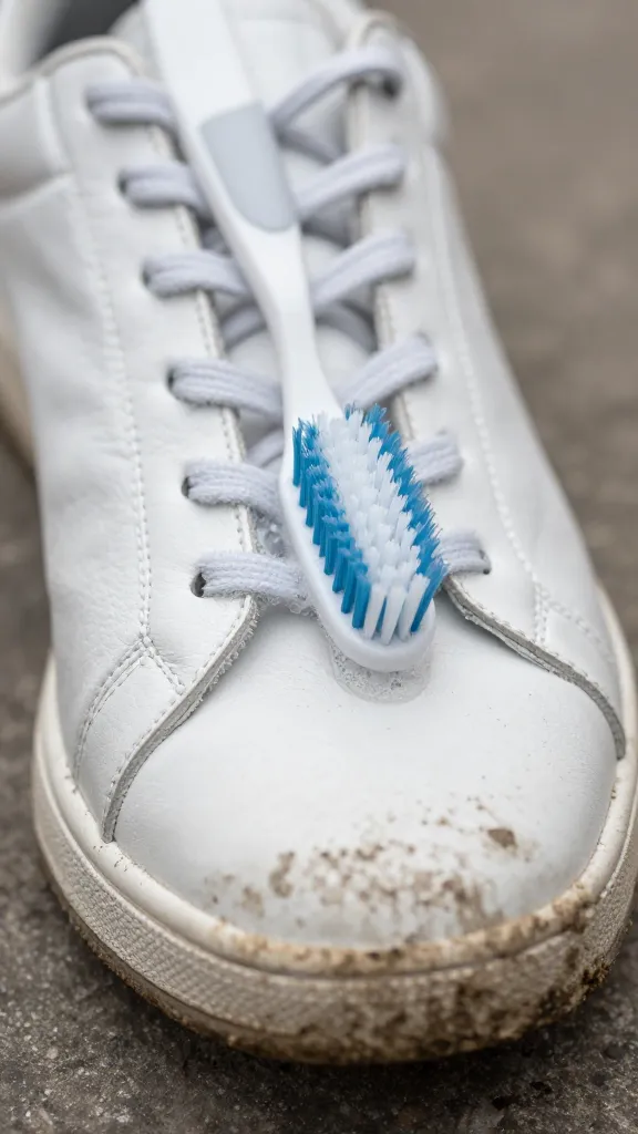 closeup of muddy white leather sneaker toe with soapy toothbrush