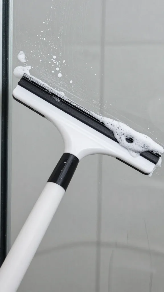 closeup of squeegee wiping soap scum on glass door