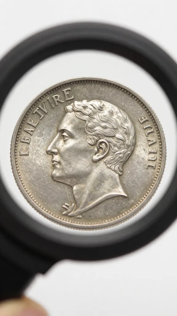 closeup of tarnished silver coin under appraisal loupe