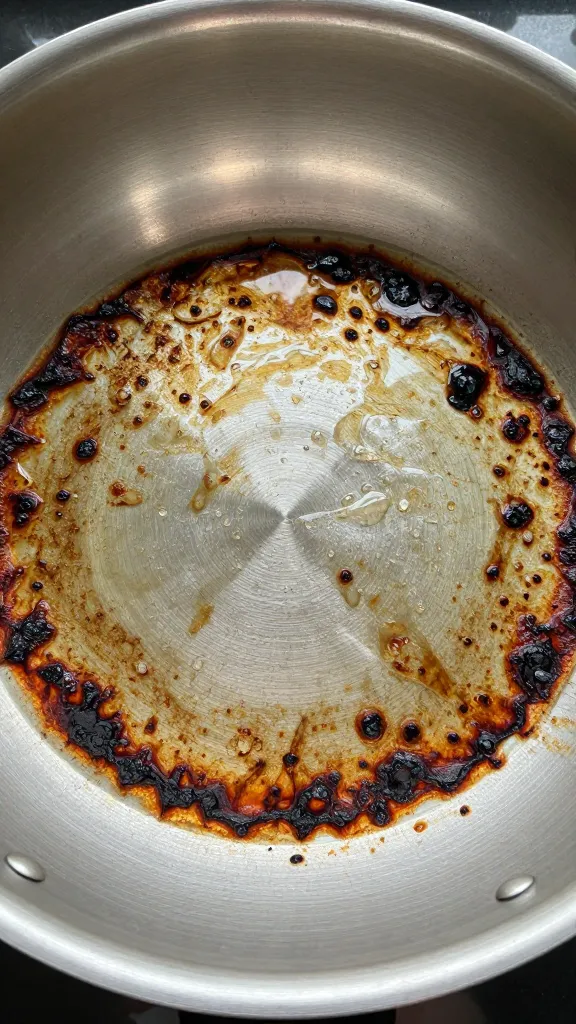 closeup stainless steel pan with burnt residue and simmering vinegar