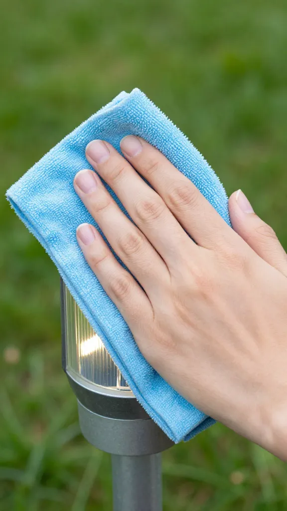 closeup of a single solar yard light being wiped with microfiber cloth