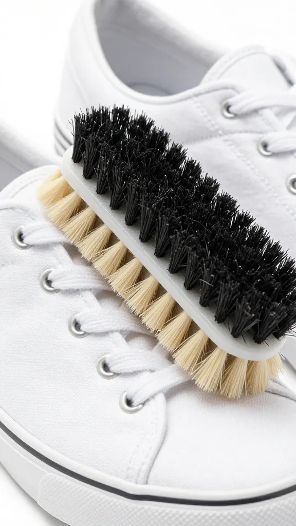 closeup of white canvas sneaker being cleaned with soft brush