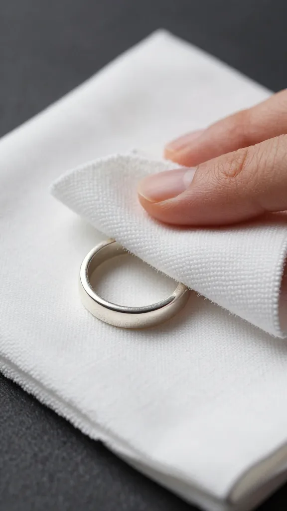 closeup sterling silver ring tarnish being wiped with microfiber cloth