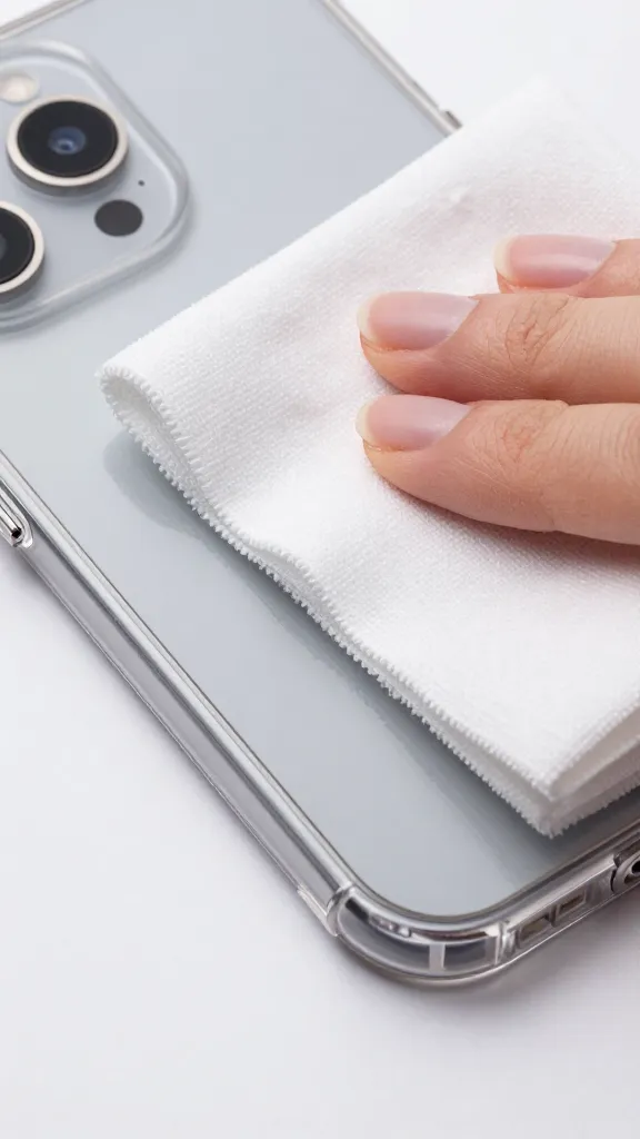 closeup of a clear TPU phone case being wiped with microfiber