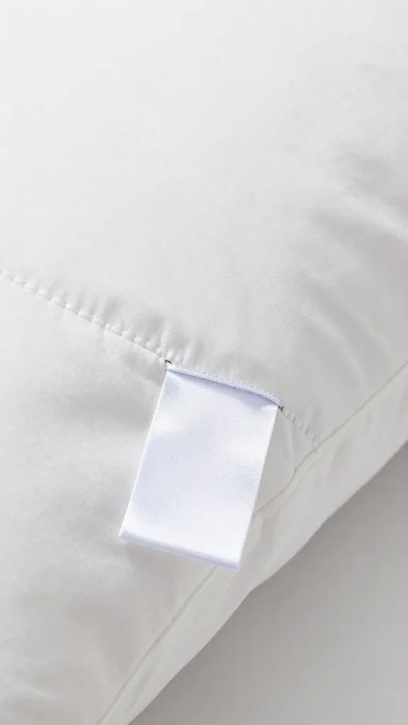 closeup of a white pillow care tag stitched into seam