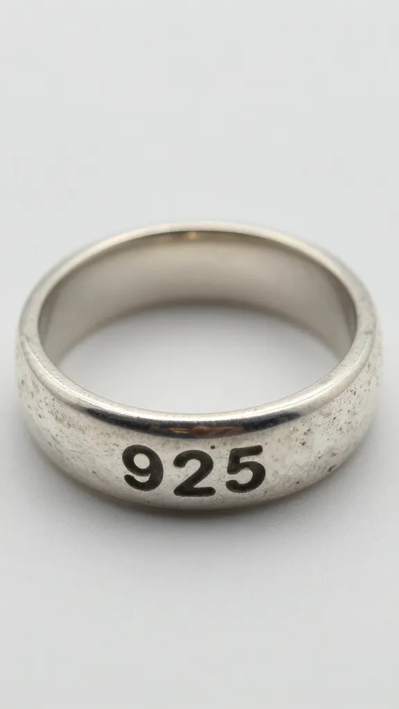 closeup of tarnished sterling silver ring with 925 hallmark