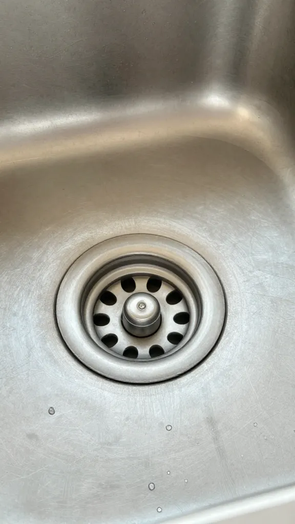 closeup of stainless steel sink drain gleaming after cleaning